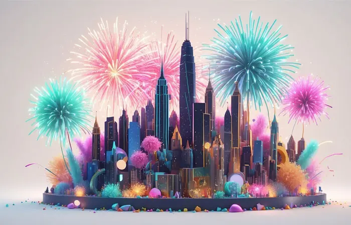 Dynamic City Background and Beautiful Fireworks Artistic 3d Illustration